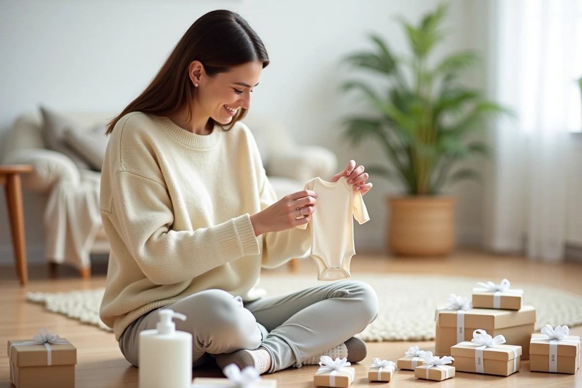 Jeune femme entourée d'échantillons bébé gratuits et coffrets naissance sur un parquet clair
