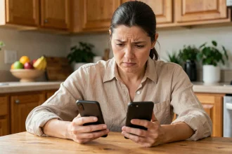 Femme comparant des offres promotionnelles sur deux smartphones dans une cuisine familiale moderne