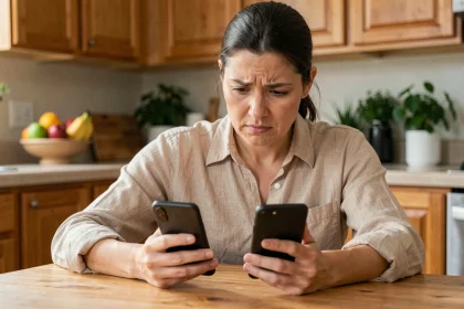 Femme comparant des offres promotionnelles sur deux smartphones dans une cuisine familiale moderne