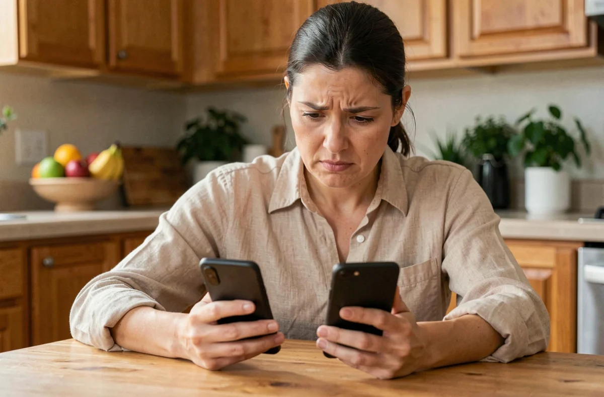 Femme comparant des offres promotionnelles sur deux smartphones dans une cuisine familiale moderne