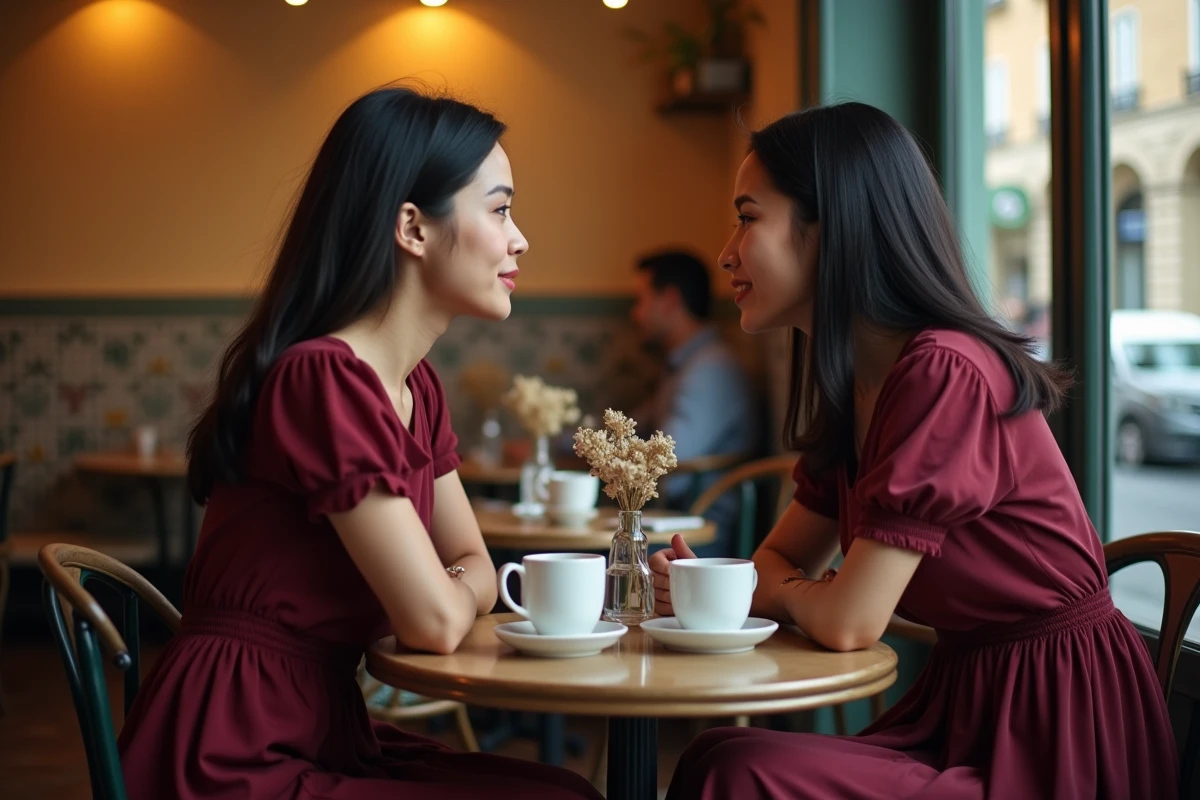 Couple amoureux en conversation au café, illustrant l'engagement et la complicité dans la vie à deux