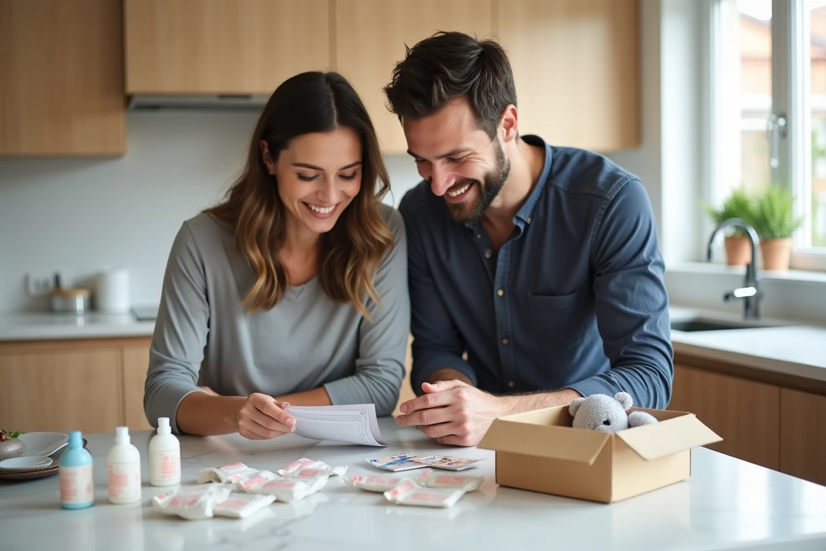 Couple découvrant un coffret naissance gratuit avec échantillons bébé sur une table de cuisine