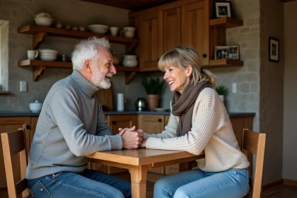 Couple d'&acirc;ge moyen dans une cuisine alpine chaleureuse