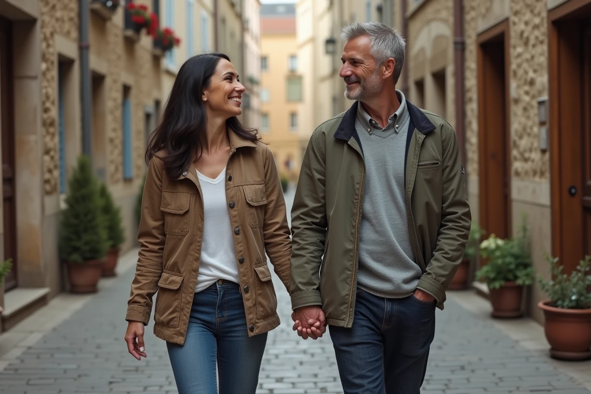 Couple se promenant main dans la main dans une rue pavée française, symbolisant une relation discrète et préservée des regards