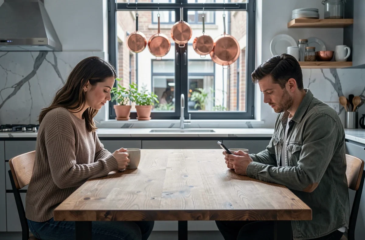 Couple en silence à table avec distance émotionnelle visible, symbolisant les doutes et tensions dans une relation