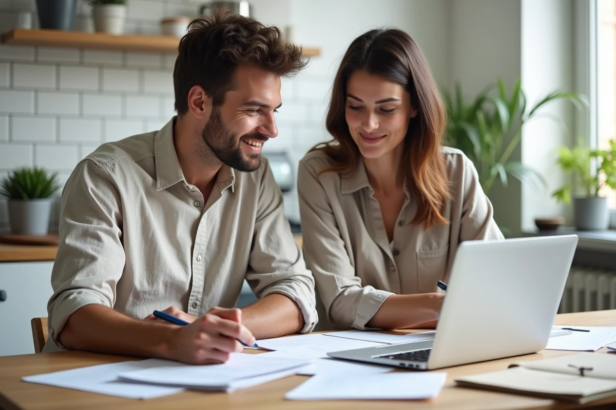 Couple en train de rassembler leurs documents pour se pacser sur une table en bois avec des papiers administratifs officiels