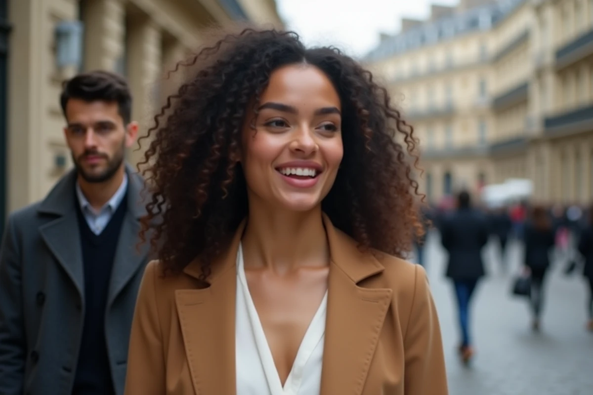 Femme en couple s'exprimant avec confiance dans une rue parisienne, évoquant engagement et vie amoureuse épanouie