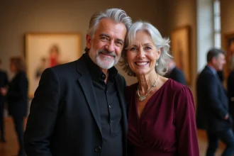 Couple élégant lors d'un événement culturel parisien, souriant ensemble avec une complicité naturelle