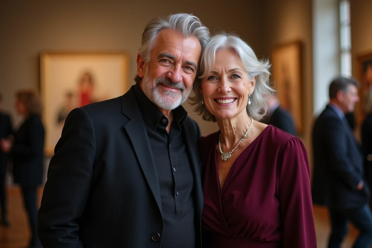 Couple élégant lors d'un événement culturel parisien, souriant ensemble avec une complicité naturelle