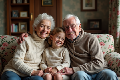 Couple âgé avec petite fille sur canapé vintage