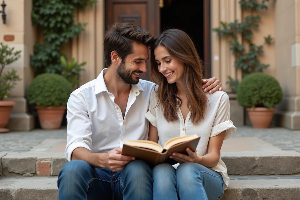 Jeune couple italien consultant un livre de prénoms bibliques assis sur les marches d'une église en pierre italienne