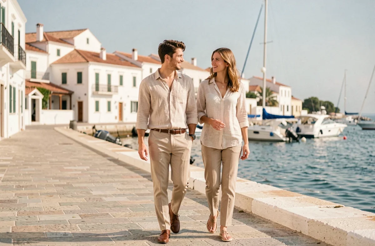 Couple élégant se promenant sur un front de mer méditerranéen lors de vacances estivales, ambiance décontractée et naturelle