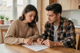 Couple de jeunes parents révisant ensemble une liste de naissance minipouce en corrigeant les erreurs fréquentes à la maison