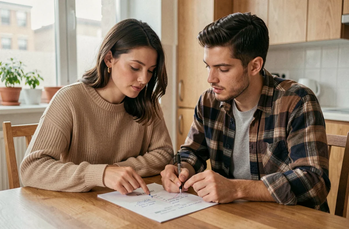 Couple de jeunes parents révisant ensemble une liste de naissance minipouce en corrigeant les erreurs fréquentes à la maison