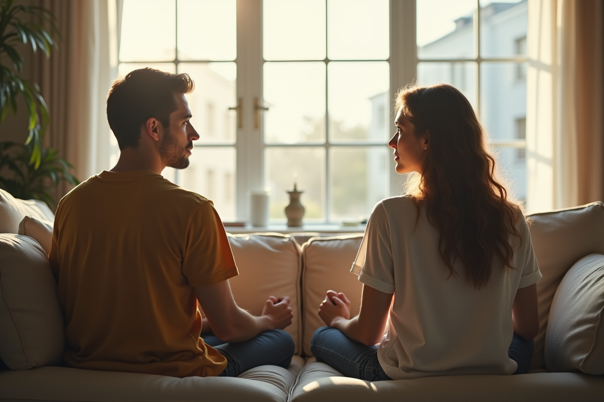 Couple assis sur un canapé moderne dans un salon lumineux
