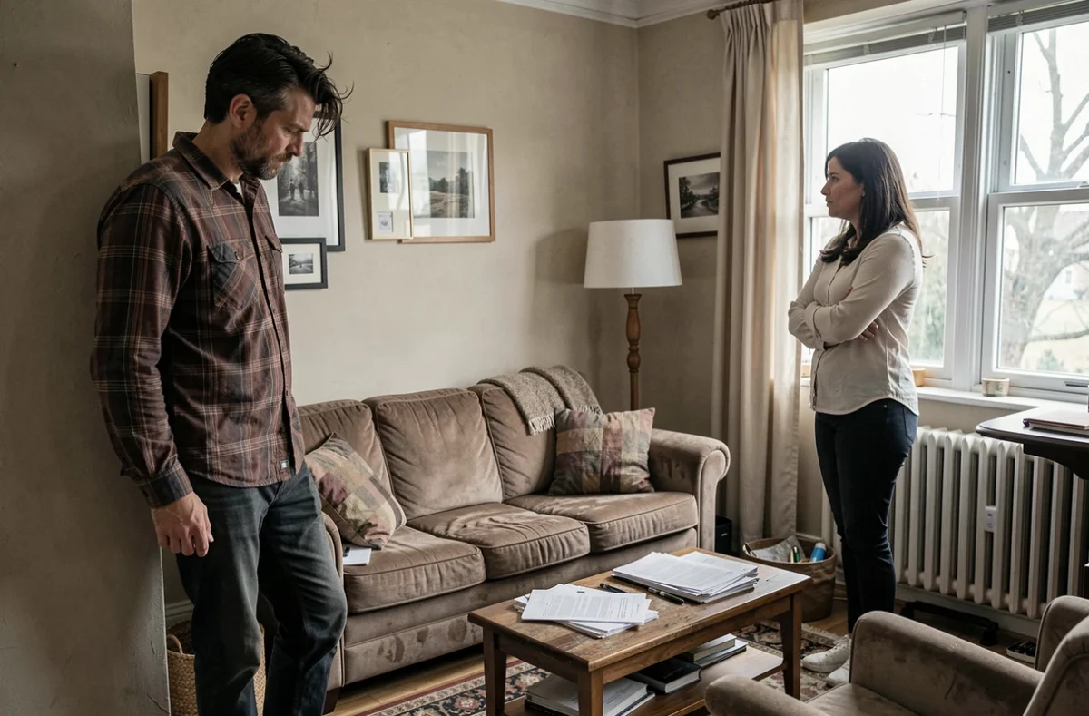 Couple en tension dans un salon, illustrant la distance émotionnelle et les conflits relationnels causés par l'alcoolisme au sein du couple
