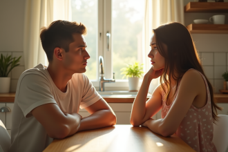 Jeune couple assis à la cuisine tension