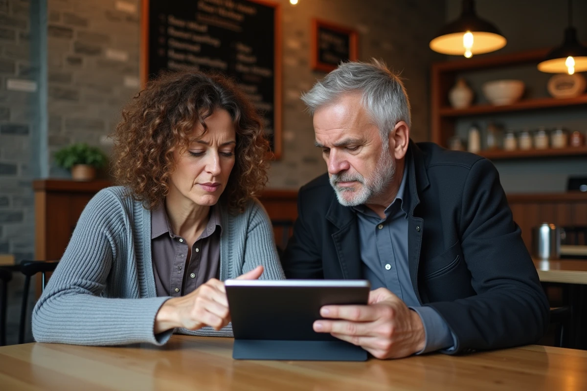 Deux personnes dans un café consultant ensemble une tablette pour vérifier la fiabilité d'un article de presse et éviter les fake news