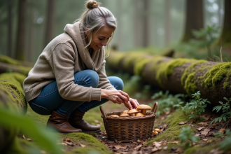 Femme cueillant des champignons dans la forêt au matin