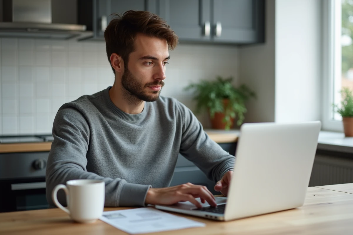 Personne effectuant une demande d'acte de naissance en ligne depuis son domicile avec un ordinateur portable
