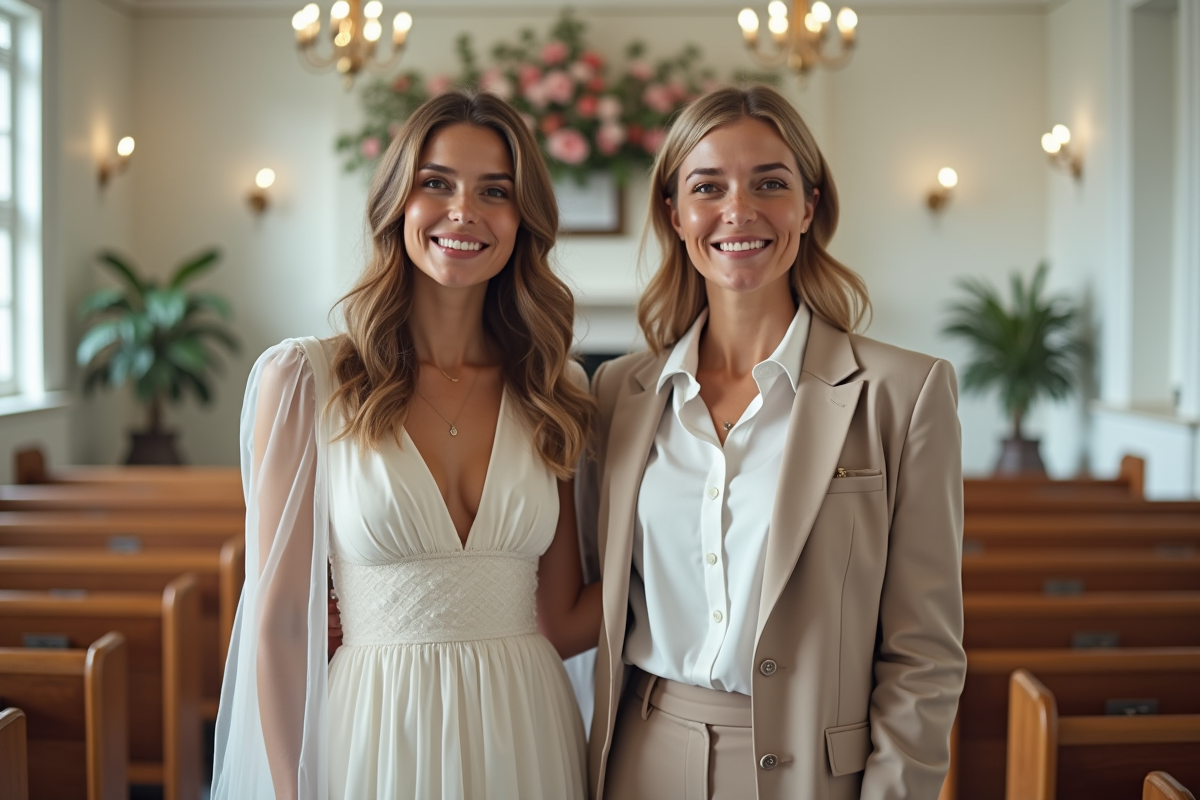 Deux femmes souriantes lors d’un mariage civil intérieur