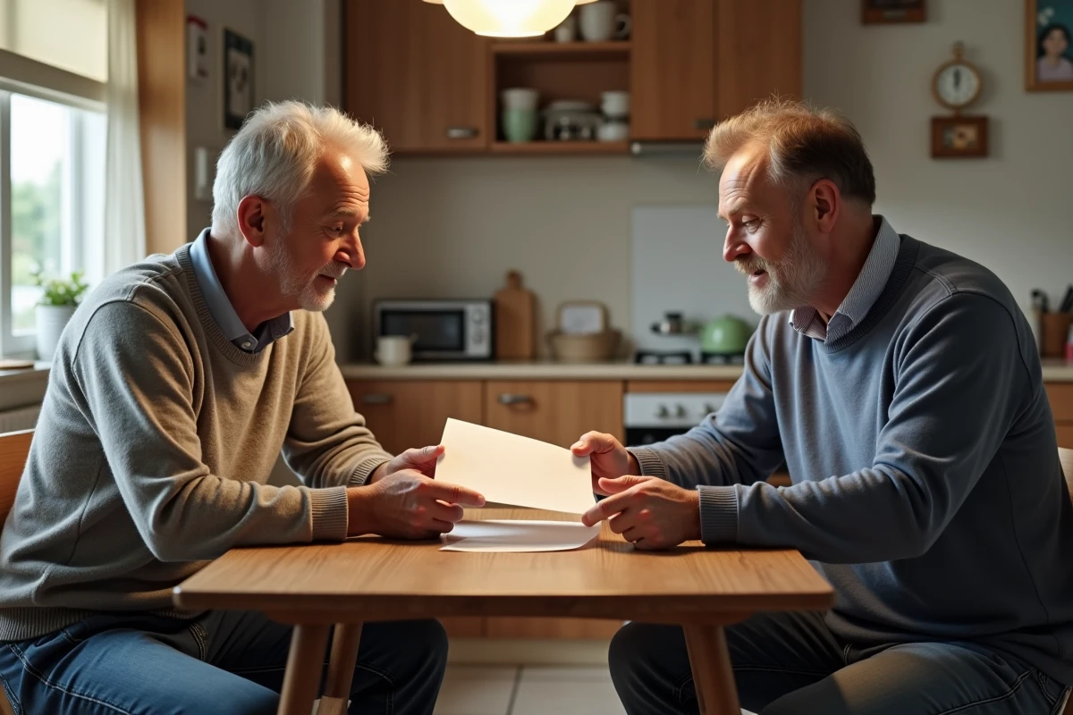 Deux hommes discutent en cuisine avec lettre signée entre eux