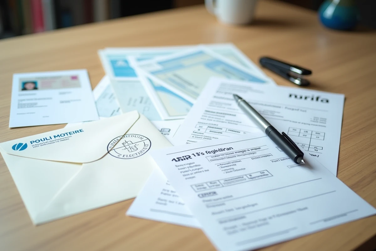 Vue aérienne de documents administratifs pour le PACS dont un justificatif de domicile, une pièce d'identité et un formulaire cerfa sur un bureau en bois