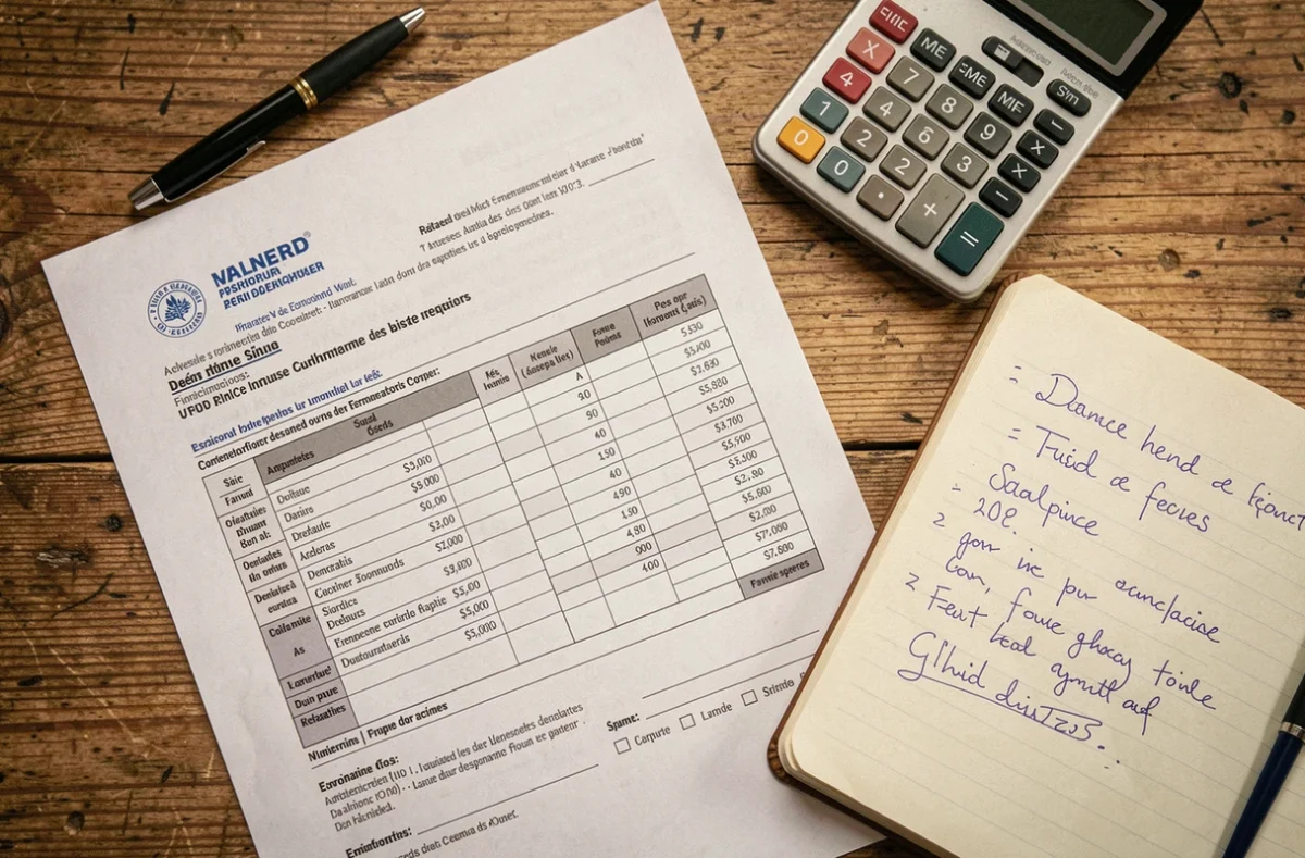 Documents administratifs et calculatrice sur un bureau pour estimer le montant de l'obligation alimentaire selon les barèmes officiels