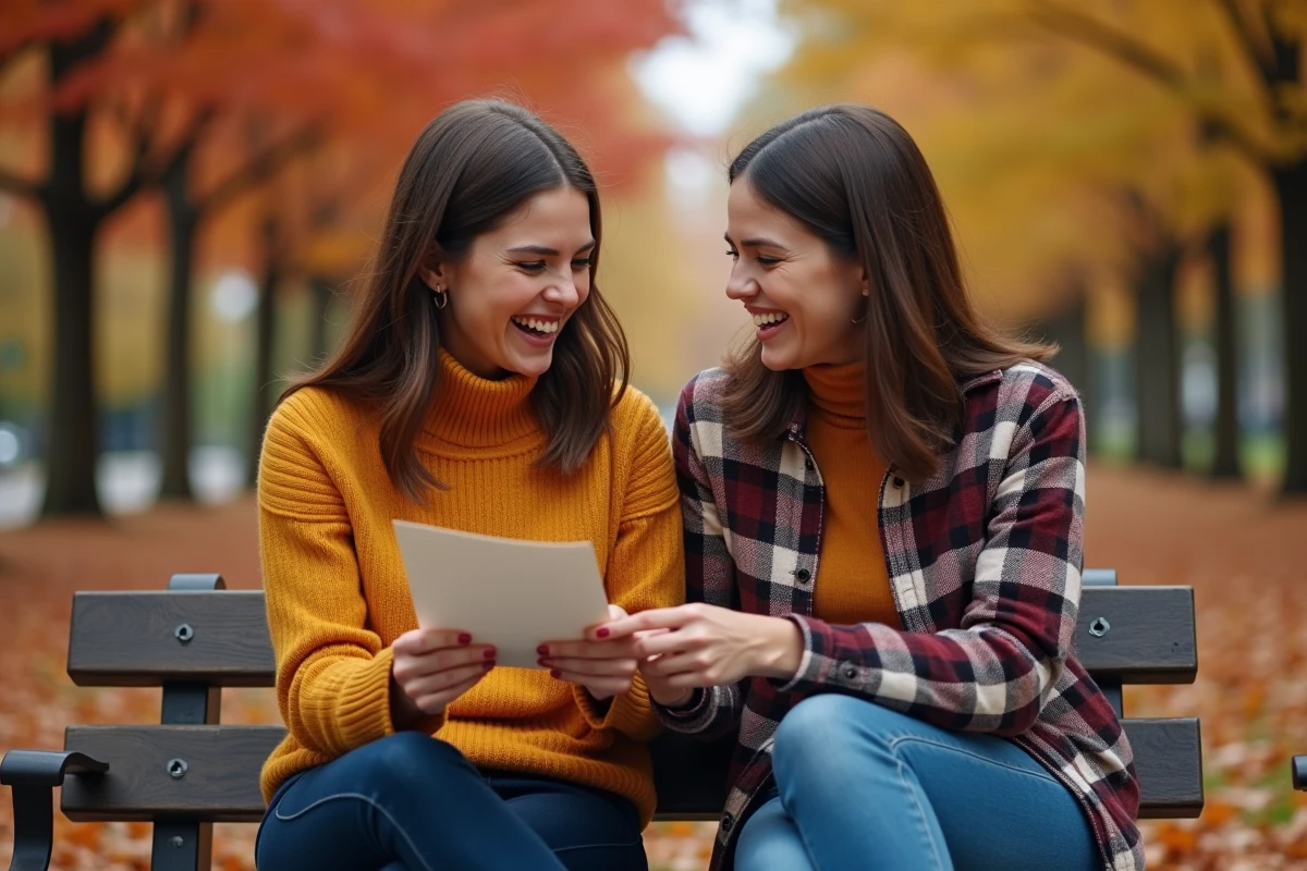 Deux meilleures amies partageant un moment émouvant lors de l'échange d'une lettre manuscrite dans un parc en automne