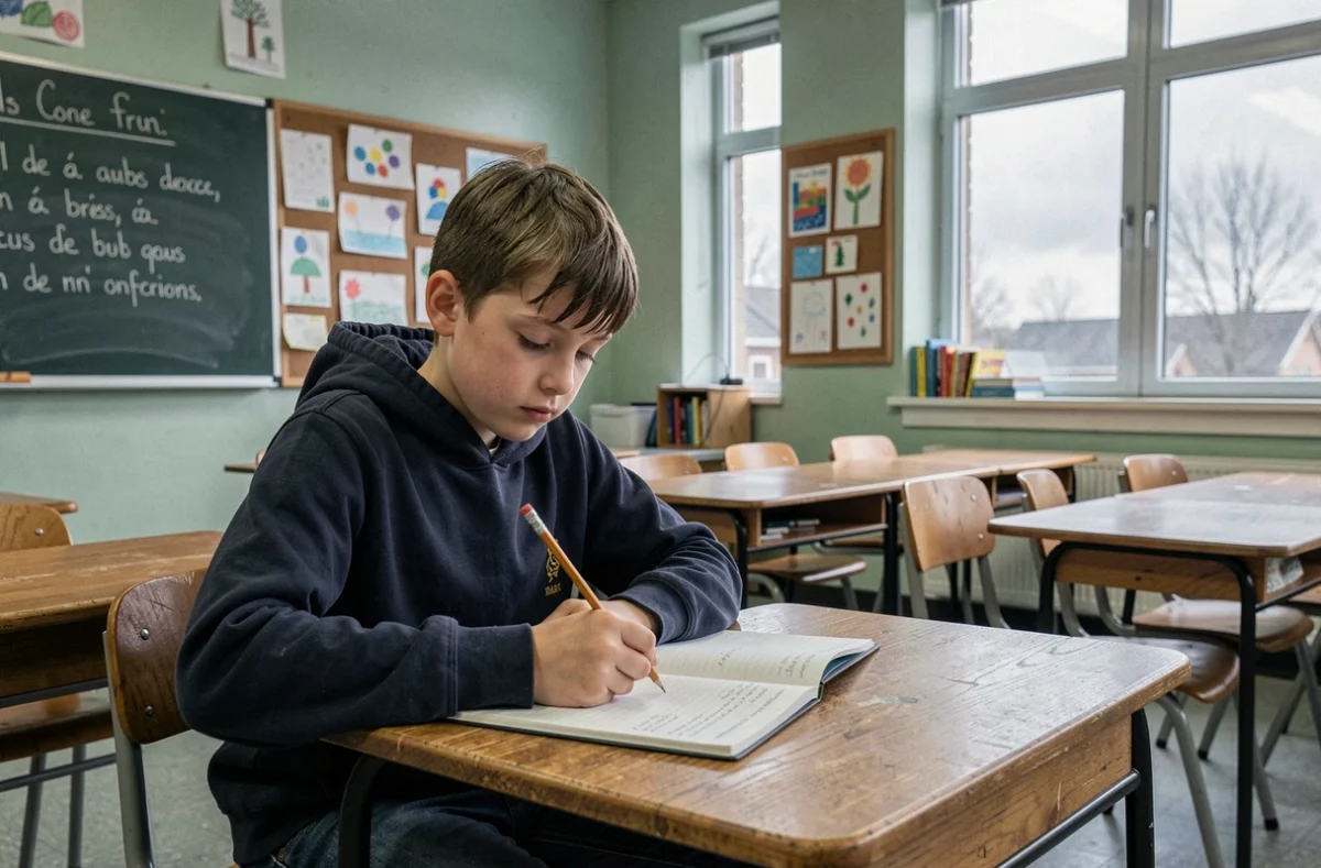 Écolier québécois concentré sur ses devoirs dans une salle de classe traditionnelle au Québec