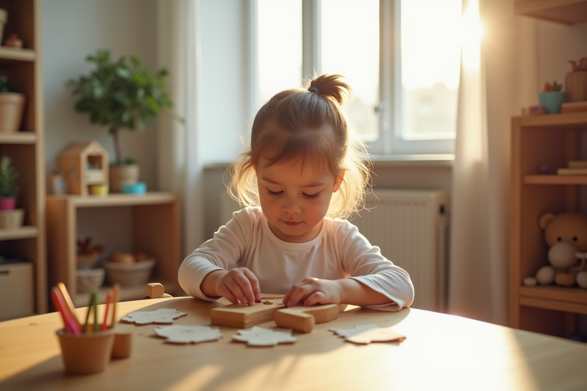 Jeune enfant concentré sur une activité Montessori à une table