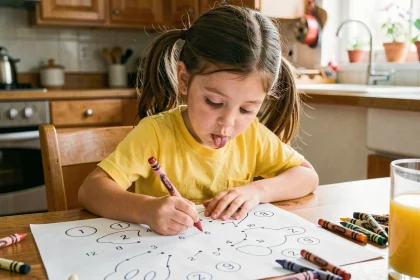 Petite fille concentrée en train de relier des points numérotés sur une grande feuille de coloriage posée sur une table en bois