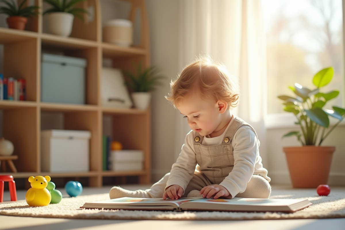 Enfant de deux ans assis dans un salon lumineux regardant un livre