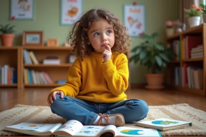 Jeune fille réfléchissant à une devinette entourée de cartes de mots colorées dans une salle de classe chaleureuse