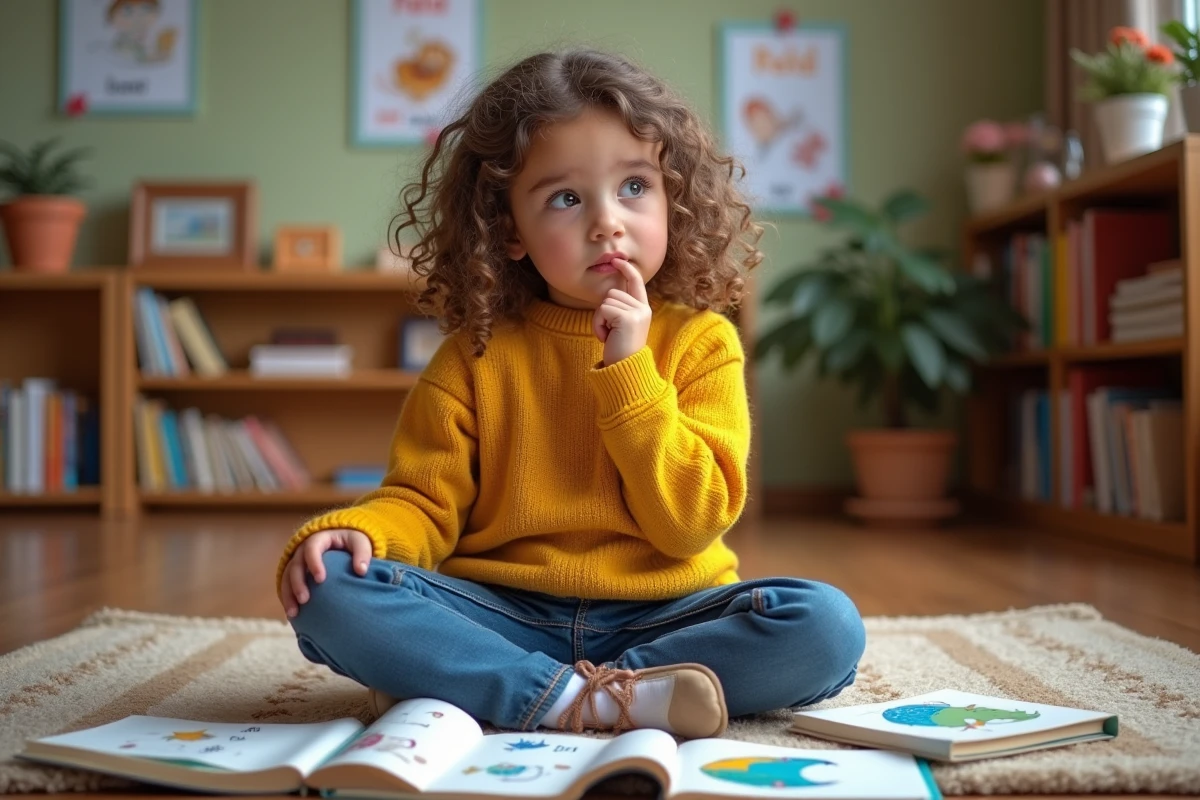 Jeune fille réfléchissant à une devinette entourée de cartes de mots colorées dans une salle de classe chaleureuse
