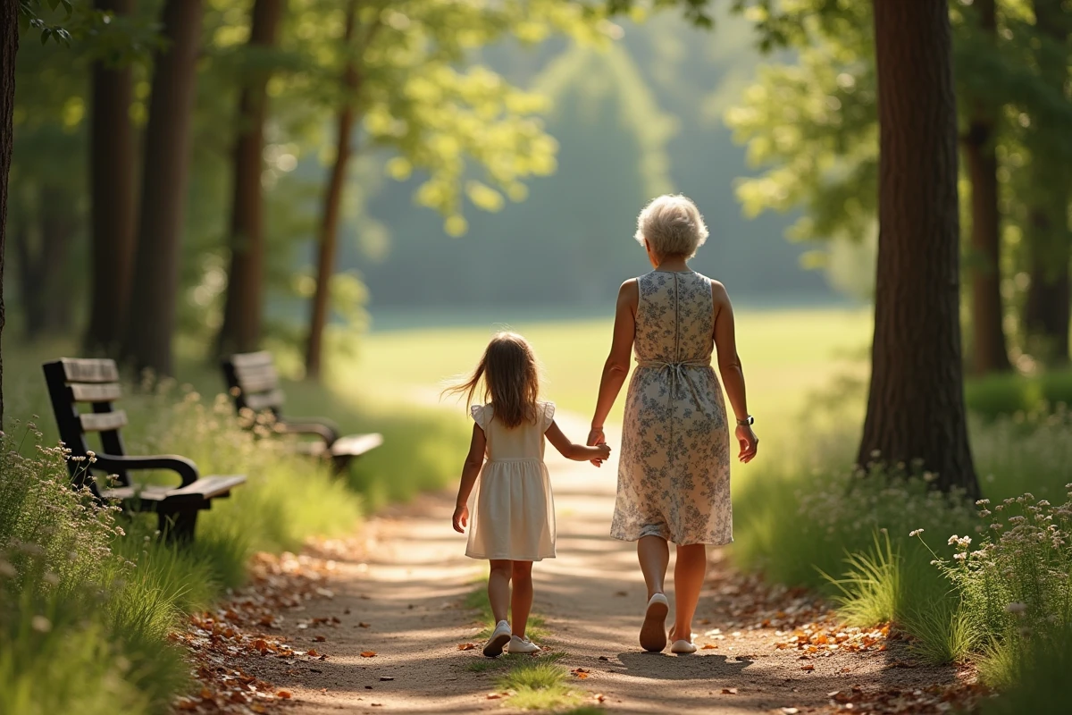 Jeune fille et grand-mère marchant dans la forêt en famille
