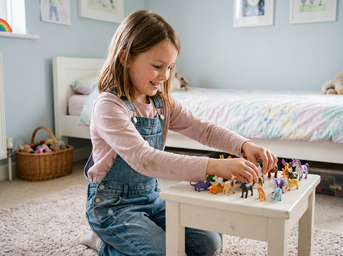 Fillette arrangeant des figurines colorées sur une table dans une chambre d'enfant, illustrant le jeu imaginatif et la créativité