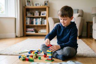 Jeune garçon concentré qui construit une tour avec des briques de construction colorées sur un plancher en bois dans un salon chaleureux