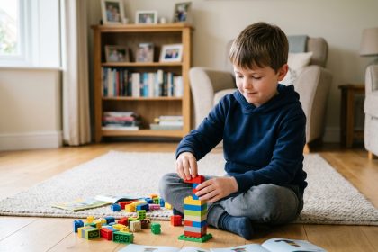 Jeune garçon concentré qui construit une tour avec des briques de construction colorées sur un plancher en bois dans un salon chaleureux