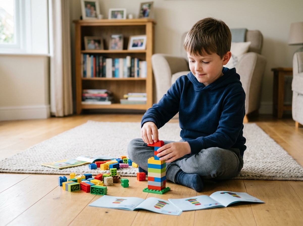 Jeune garçon concentré qui construit une tour avec des briques de construction colorées sur un plancher en bois dans un salon chaleureux