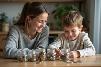 Une mère et son enfant comptent des pièces dans la cuisine