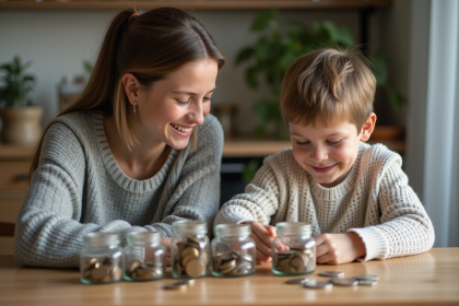 Une m&egrave;re et son enfant comptent des pi&egrave;ces dans la cuisine