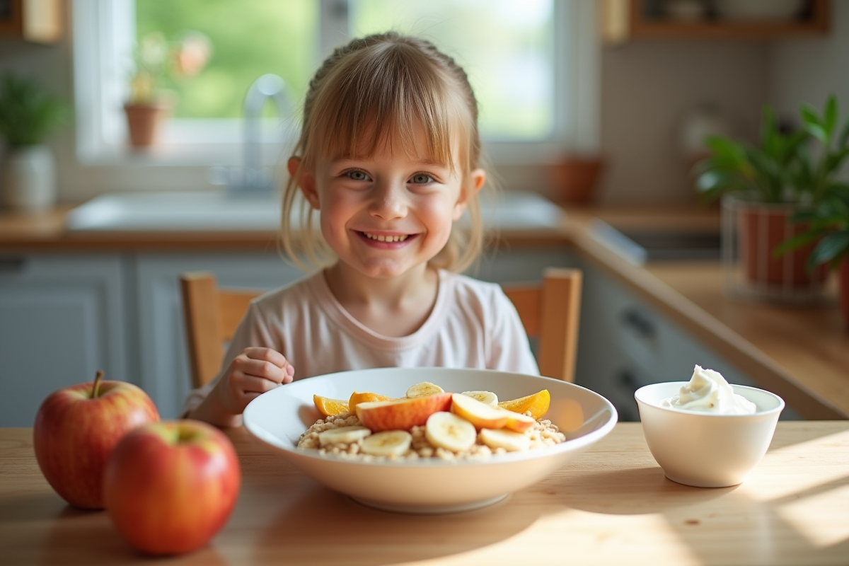 Enfant souriant prêt à manger un petit déjeuner équilibré