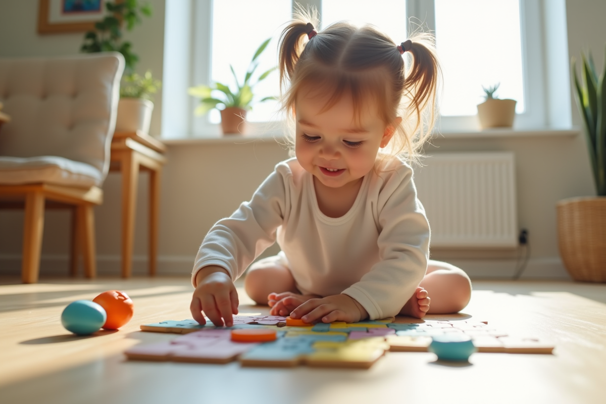 Enfant jouant avec un puzzle coloré sur le sol lumineux