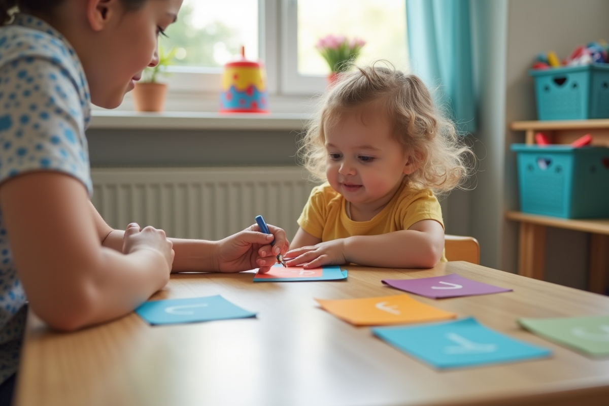Jeune enfant avec thérapeute en classe lumineuse