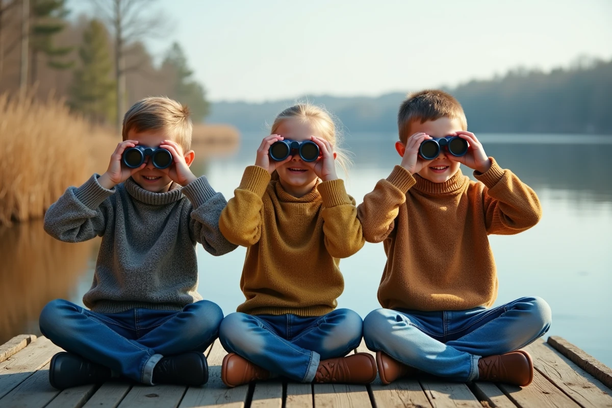 Trois enfants avec jumelles sur un pont au bord du lac
