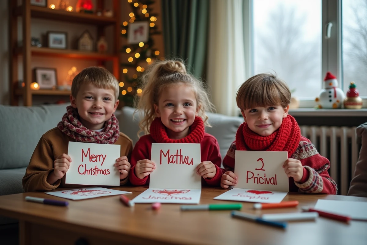 Enfants montrant leurs cartes de No&euml;l d&eacute;cor&eacute;es