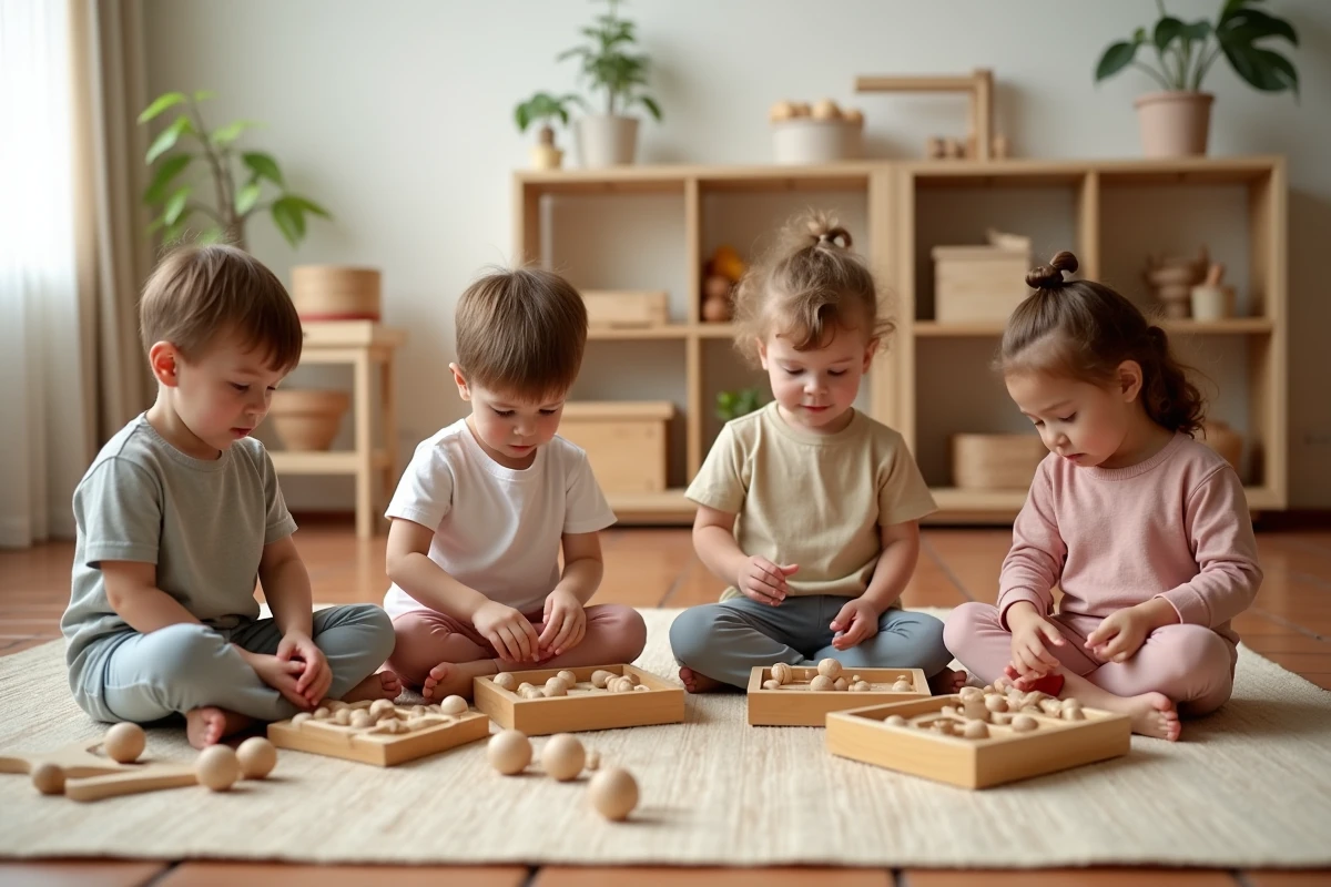 Enfants travaillant de façon autonome dans une salle de classe Montessori avec du matériel pédagogique en bois