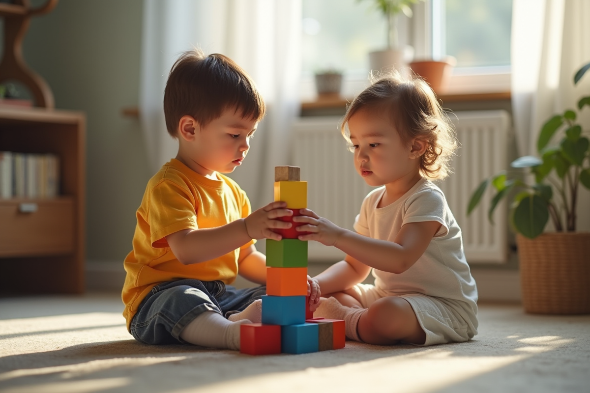 Deux jeunes enfants construisent une tour colorée avec des blocs en bois