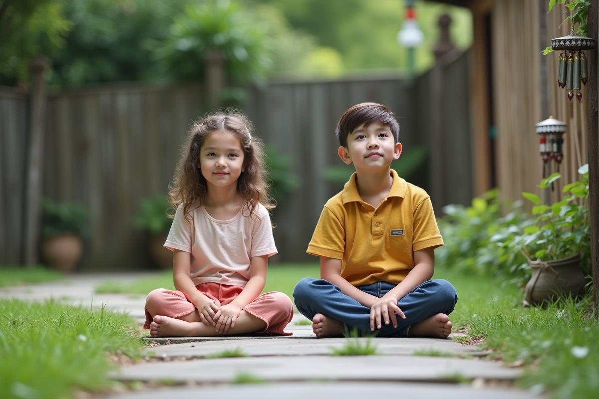 Jeunes enfants assis dans un jardin paisible